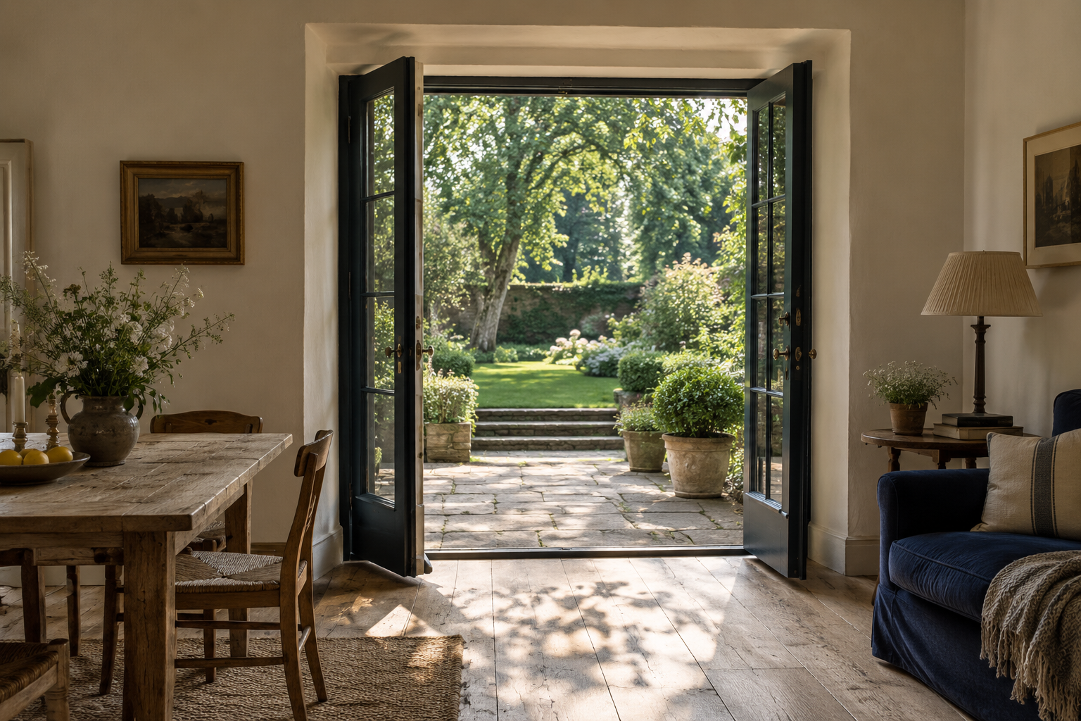 A light-filled English home, with an open doorway to a quiet garden